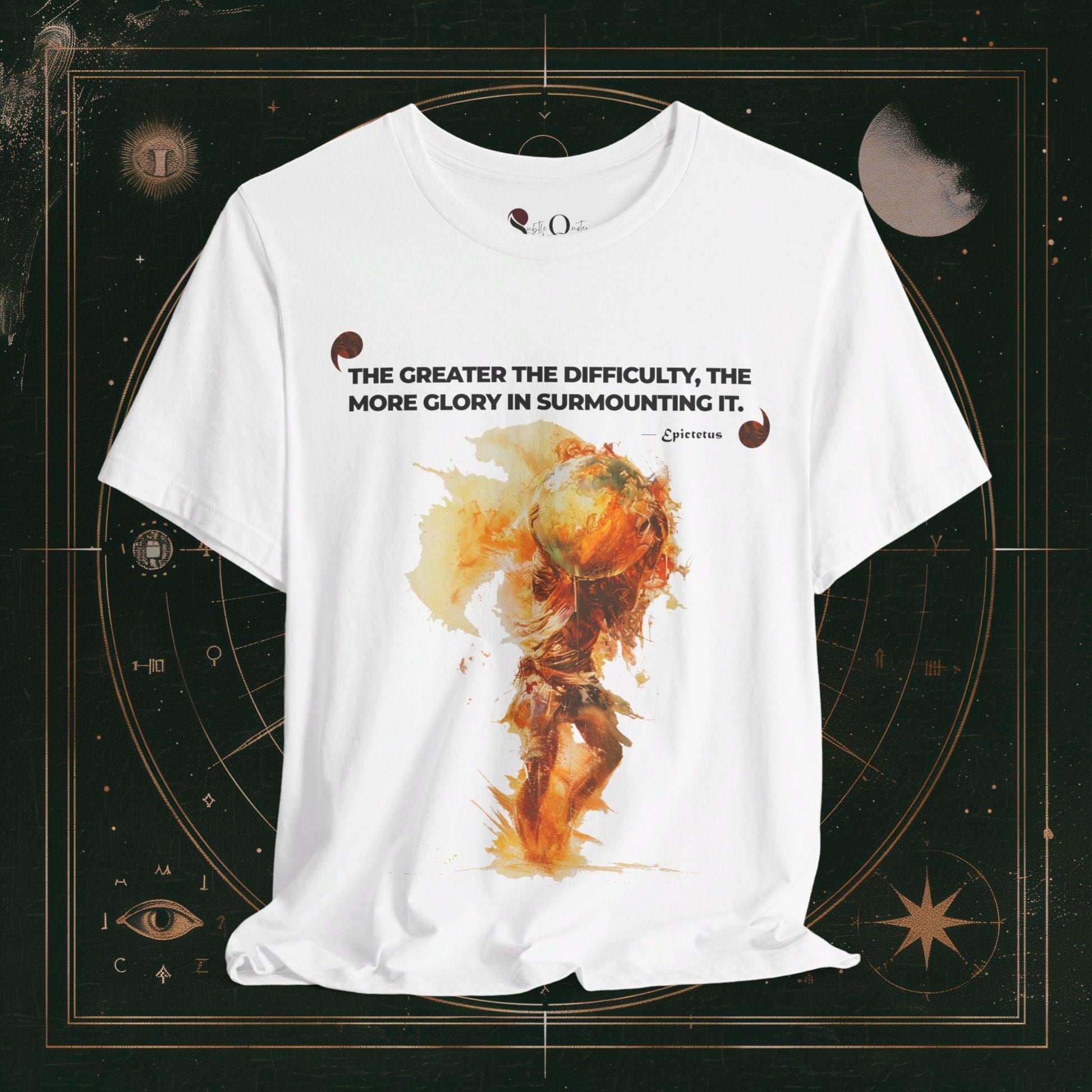 T-Shirt White / S Unisex -  Greater The Difficulty Atlas - Epictetus